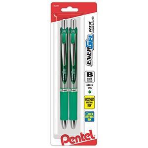 Pentel EnerGel RTX Retractable Liquid Gel Pen, (1.0mm), Bold Line, Metal Tip, Green Ink, Pack of 2 (BL80BP2D)
