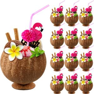 Taiyin Coconut Cups with Flamingo Straws Hawaiian Luau Party Decorations Pink Straws and Coconut Shaped Tiki Cups for Kids and Adults Luau Hawaiian Birthday Beach Pool Party (24 Pcs)