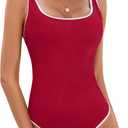 BMJL Women's One Piece Swimsuit Sports Adjustable Strap Bathing Suit Color Block Ribbed High Cut Swimsuits (X-Large, Red029)