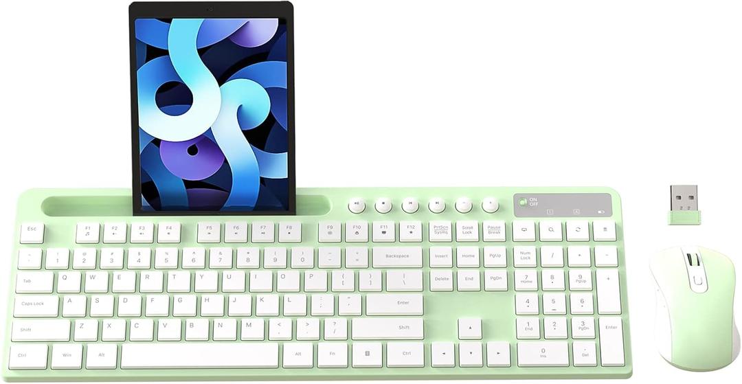 Wireless Keyboard and Mouse Combo, MARVO 2.4G Ergonomic Wireless Computer Keyboard with Phone Tablet Holder, Silent Mouse with 6 Button, Compatible with MacBook, Windows (Green) (Green)