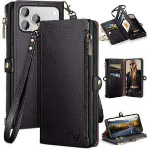 XcaseBar compatible with iPhone 17 Pro Max 6.9" Wallet case with Zipper Credit Card HolderRFID Blocking,Flip Folio Book PU Leather Phone case Shockproof Cover Women Men for Apple 17ProMax case Black