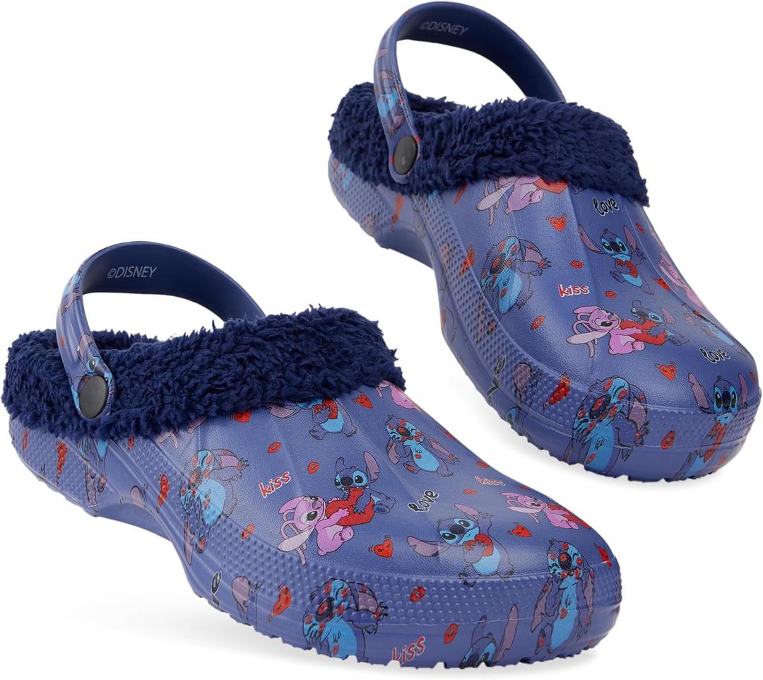 Disney Stitch Clogs for Women Winter Fleece Lining Warm Slip On Sandals Outdoor Garden Shoes with Strap Gifts for Women (6.5-7.5, Navy)