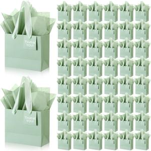 Zhanmai 100 Pcs 4.7 x 2.4 x 3.9 Inch Mini Gift Bags Bulk with Tissue Paper Kraft Paper Bag with Handle Gift Tag for Birthday Party, Wedding Showers (Sage Green)