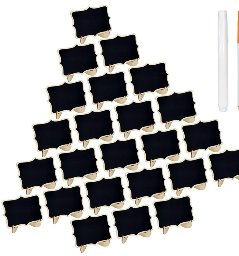 12 Pcs Wooden Mini Chalkboards Signs for Food Signs, Wedding Signs, Message Signs, Event Decorations, and Include Wave-Shaped Board, Wooden Stand, 1 Marker. Pack of 4