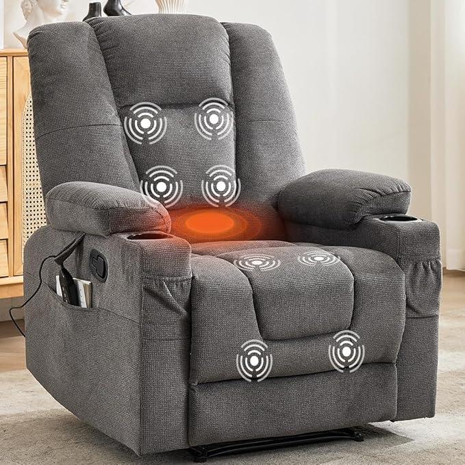 Massage Recliner Chair with Heat, Manual Massage Recliner with Cup Holders, Reclining Chairs for Living Room, Wall Hugger Recliners Grey