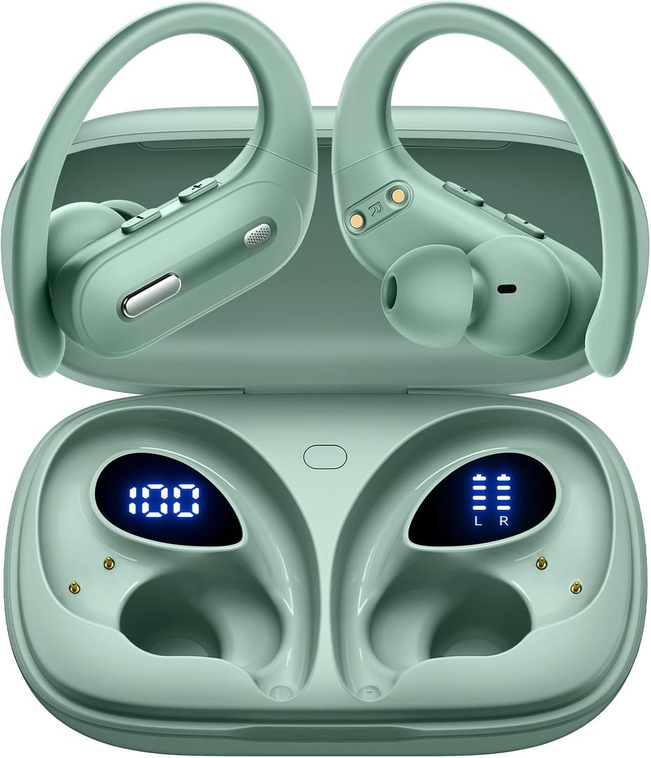 Wireless Earbuds Bluetooth 5.3 Headphones 90 Hrs Playtime Ear buds with Wireless Charging Case Power Display Over-ear Earphones with Earhooks Waterproof Stereo Headset for Android phone WorkoutGreen