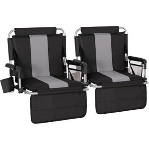 LET'S CAMP Folding Stadium Seat Bleacher Chair with Cup Holder, Mesh Bag and Hide Hooks, Portable Stadium Chair with Back and Cushion (Black Grey - 2 Pcs)
