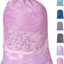 Polecasa Heavy Duty Diamond Large Mesh Laundry Bag with ID Tag and Locking Drawstring Closure - 24 x 36 inches - Laundry Hamper Liner, Washable Laundry Bags for Travel, Sports, Dorms (Pink)