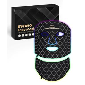 LED Red Light Photon Facial & Neck Mask with Remote Control, 7 Custom Modes with Infrared, Portable & Rechargeable with Timer for Home Use, 850nm Infrared & Red Light Masks, Black