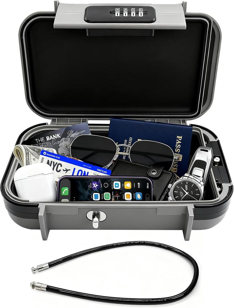 Portable Lock Box with CodeSmall Travel Safe Lock Box for Phone, Keys & CardsWaterproof ABS Plastic Security Box with Adjustable Steel CablePerfect for Beach, Outdoor & Travel,Grey