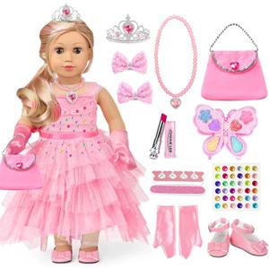 American 18 inch Girl Doll Clothes and Accessories - Princess Dress, Crown, Necklace, Lipstick, Makeup Palette, Nail Kit, Satchel, Gloves, Shoes, Sticky Rhinestones,Hair (No Doll)
