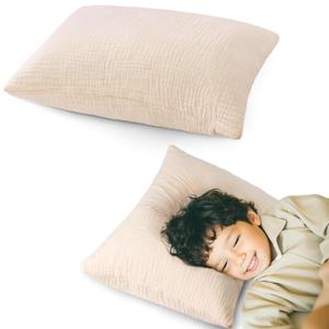 Pro Goleem Toddler Pillow with Muslin Cotton Pillowcase, 13x18 inch Soft Toddler Pillows for Sleeping Kids Pillow Child Pillow Machine Washable Perfect for Bed, Toddler Cot and Travel, Beige