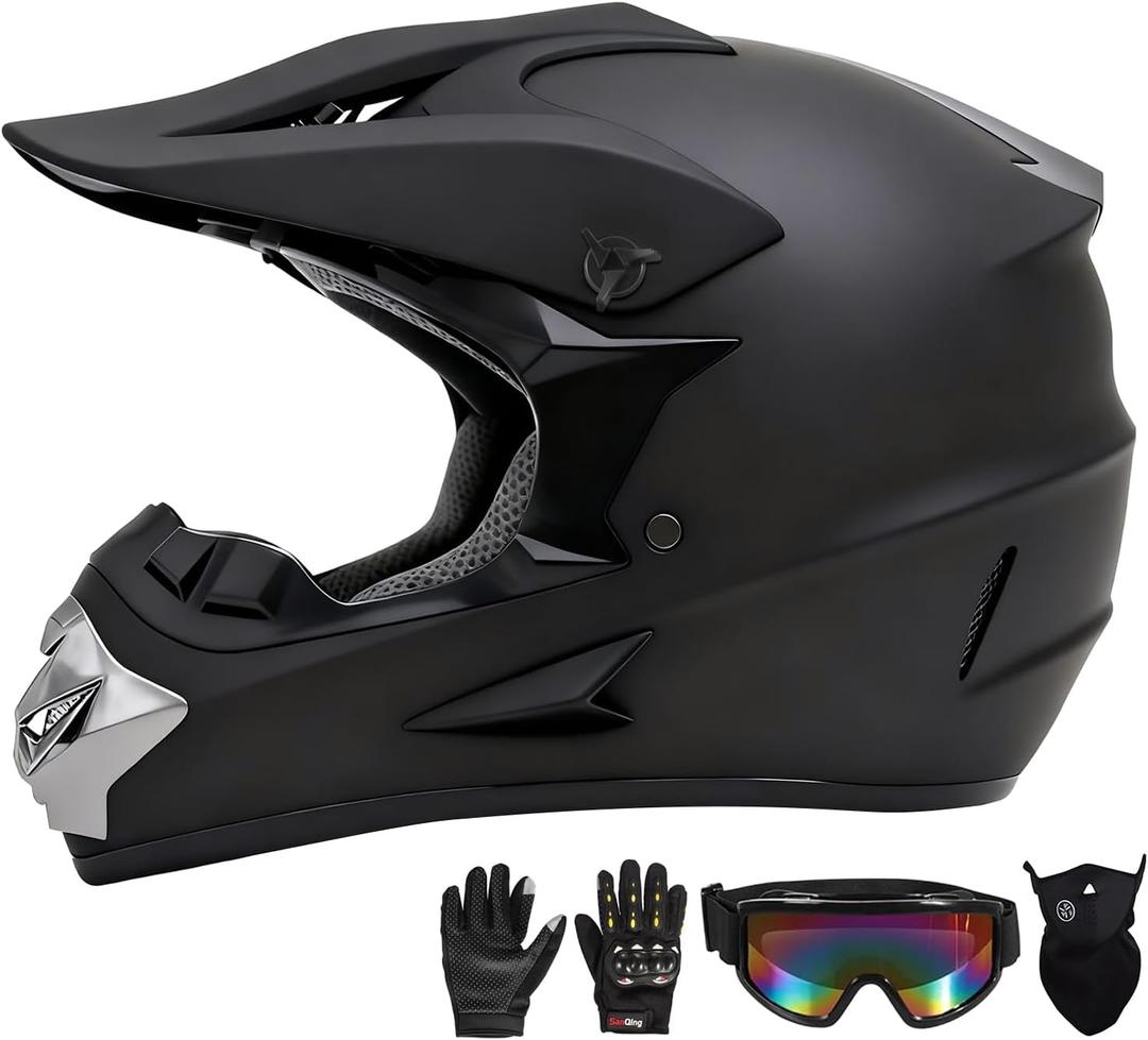 Motocross Helmet,Youth & Adult ATV Dirt Bike Motorcycle Helmet, BMX 4-Wheeler Off-Road Mountain Bike,DOT Certified,W/Gloves Goggles Mask 4-Piece Set (Black, XL), X-Large