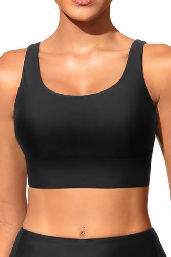 Yonique Women Sports Bra Bikini Top Swim Bra Athletic Swim Top Scoop Neck Bathing Suit, Black, L