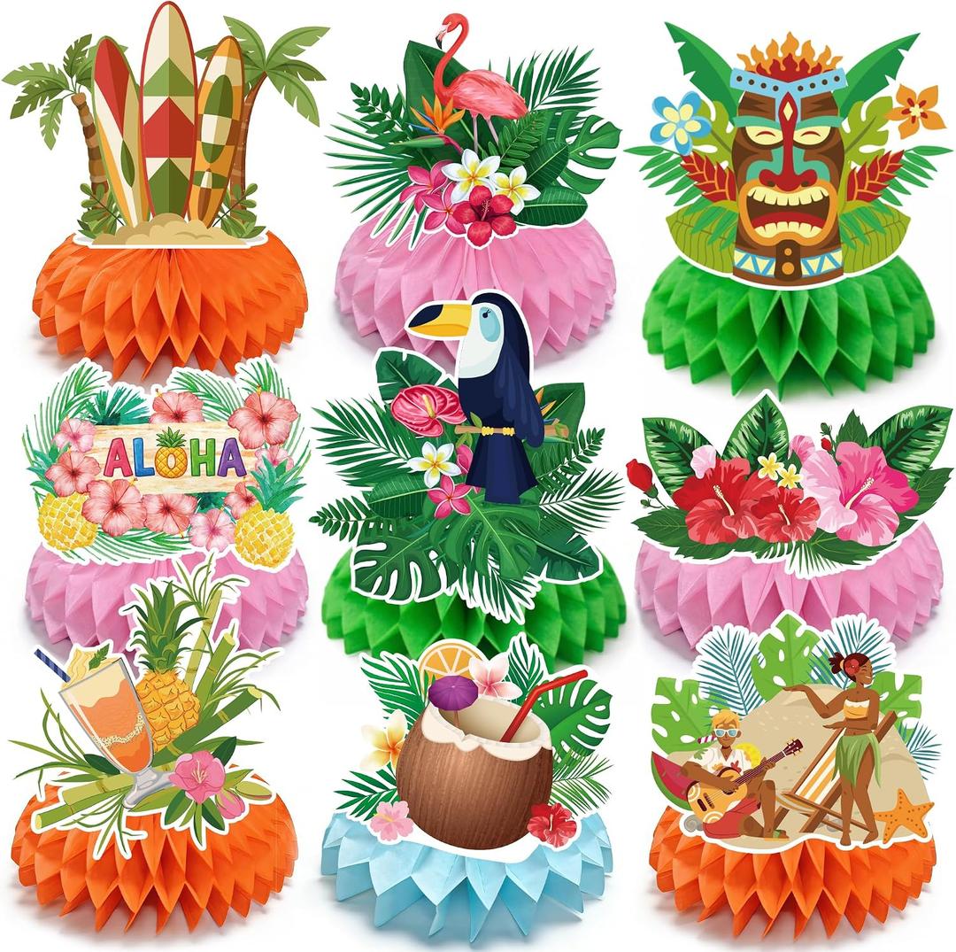 2 x Luau Party Decorations - 9 PCS Hawaiian Honeycomb Table Centerpiece for Tiki and Love Island Hawaiian Theme Party Favors Supplies | Tropical Party Decorations for Summer Beach Pool Birthday Wedding