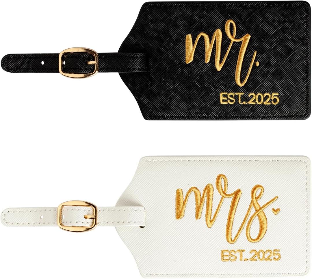 CHOIEO Mr and Mrs Luggage Tags, Bridal Shower Gift Honeymoon Gifts Wedding Gifts for Bride, PU Leather Travel Tags with Name ID Address Card (Black/White Gold MrMrs Est2025)