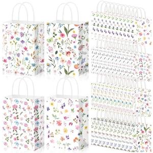 Gilprop 48 Pcs Spring Wildflower Paper Gift Bags Floral Candy Goodie Treat Bags Flower Party Favor Bag with Handle for Mother's Day Birthday Party Bridal Shower Wedding Gift Wrapping Supplies