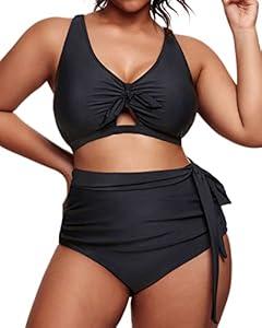 Daci Women Black 2 Piece Plus Size Bikini Swimsuit High Waisted Bottom Ruched Tie Knot Bathing Suit 18W