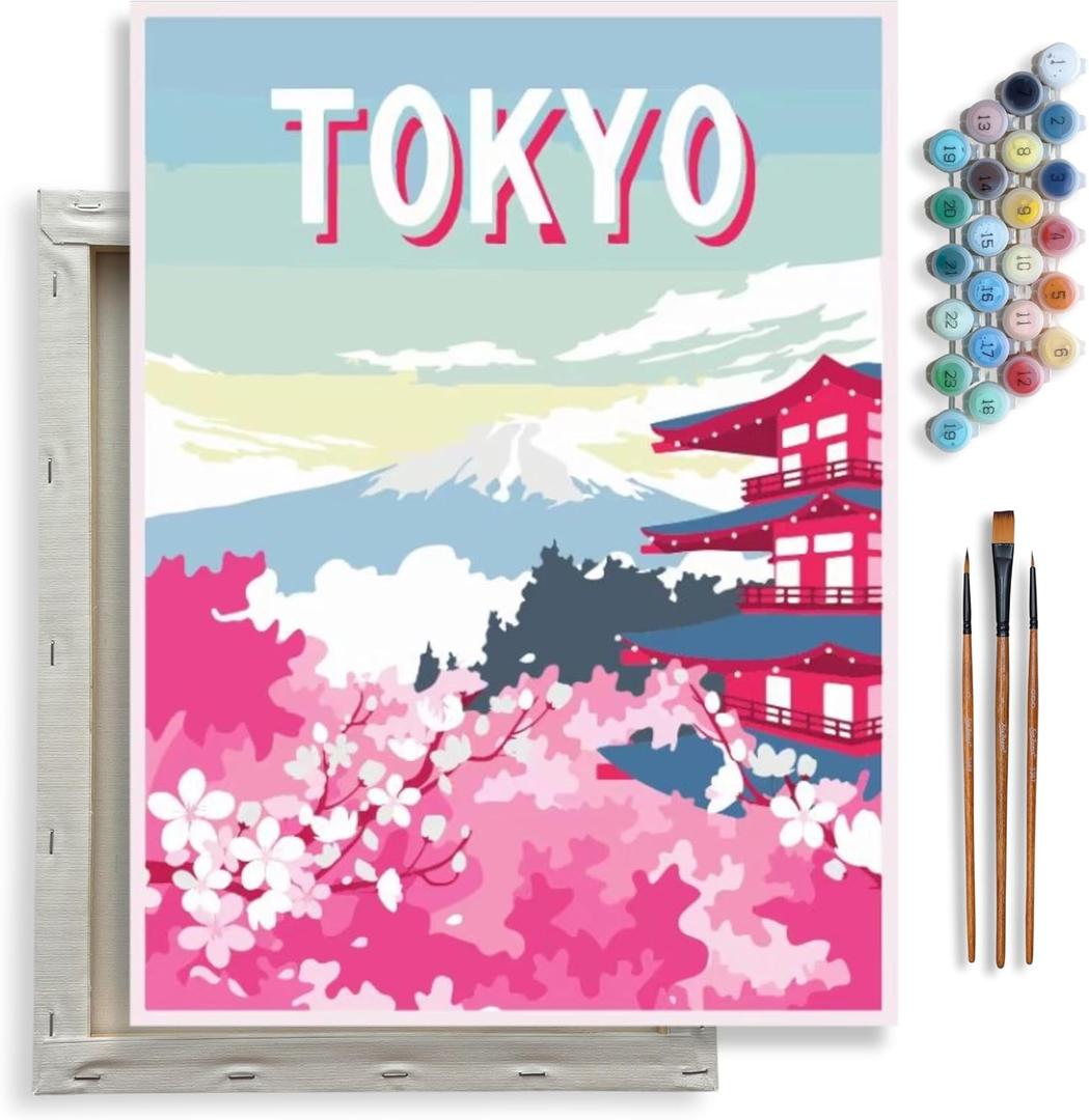 Kraftistry Framed Canvas Paint by Number for Adults - DIY Paint by Numbers for Beginner, 12"x16" Painting Kits for Adults, 3 Paint Brushes, Acrylic Paint, Hooks Nails (Tokyo)