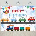 10x8ft Transportation Birthday Backdrop Cartoon Cars Train Boy Birthday Party Photography Background for Kids Boys Birthday Decorations Portraits Banner Photo Studio Props