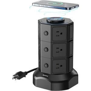 Tower Power Strip with 15W Wireless Charger, SUPERDANNY 1050J Surge Protector Tower 13A Charging Station with 12 AC Outlets & 6 USB Ports (2 USB C), 6.5ft Black Extension Cord for Dorm Essentials