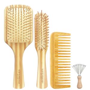 Bamboo Hair Brush Comb Set for Women Men, Wood Bristle Paddle Detangling Brush, Wide Tooth Comb for Curly Wavy Thick Thin Wet Dry Hair, Brush Cleaning Tool Included - 4 Pack