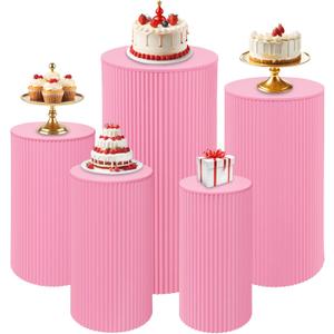 Fivenl 5 Pcs Metal Pleated Cylinder Pedestal Stands for Party, Heavy Duty Pink Round Cake Pedestal Stand Flower Plant Display Plinth Pillars for Wedding Birthday Event Decor (Pink)