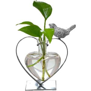 Desktop Glass Vase, Bulb Glass Vases for Holder, Creative Bird with Heart Planter Vase, Plant Terrarium Metal Stand for Modern Office Home Wedding Decorations