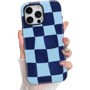 KANGHAR Compatible with iPhone 16 Pro Max Case, Aesthetic Checkered Cute Pattern, Support for MagSafe Shockproof Cover for Girls Women -Blue