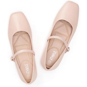 ATHMILE Mary Jane Shoes Women Ballet Flats Shoes for Women Slip on Comfortable Dressy Adjustable Strap for Work Office Business Casual (8, Beige)