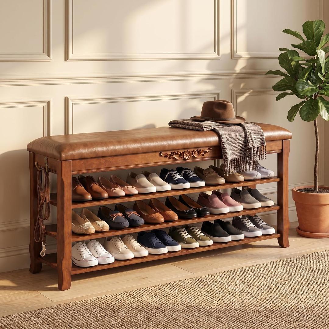 Shoe Rack Bench Entryway Storage with Leather Cushion, 47.2"