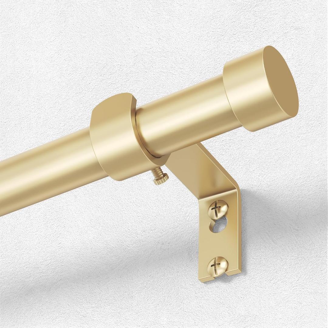OLV Gold Curtain Rod, 1 Inch Adjustable Modern Curtain Rods for Windows 48 to 84 Inch, Decorative Heavy Duty Window Treatment Rods with End Cap Finials, Telescopic Splicing Drapery Pole, Easy Install