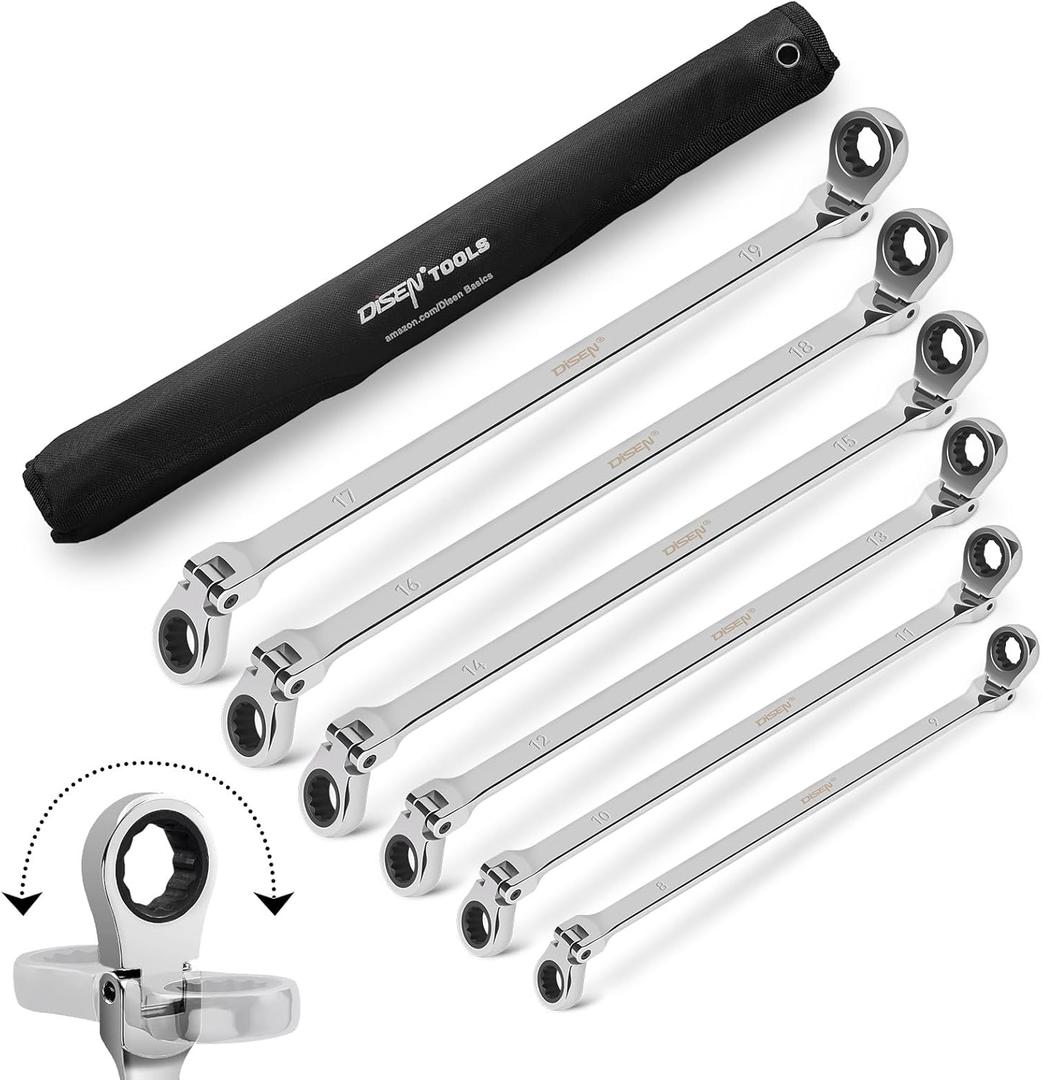 DISEN Extra Long Flex Head Ratcheting Wrench set, 6Pcs Double Box End Long Reach Ratchet Wrench Set Metric 8-19mm, CRV Steel, with Pouch, Gifts for Father, Man