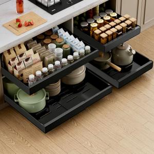 4 Pack Expandable Pull Out Cabinet Organizer, 21'' Deep Pull Out Drawers for Cabinet, Upgrade 3 Slide Rails Sliding Drawers for Cabinet with Adhesive Nano Film (Black)