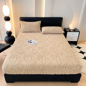 ZIQINPSQ Taffeta Velvet Jacquard Queen Fitted Sheet - Luxury Bedding - Ultra-Soft, Quick-Heat, Anti-Static, 360 Mattress Protector, Tan, No Pillowcases