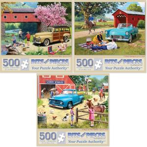 Bits and Pieces  Value Set of 3 Jigsaw Puzzles by Kevin Walsh  300, 500 (18"x24") & 1000 Pieces (20"x27") Varients -Our Favorite Spot, T Bird Summer, A Stop at The Stables