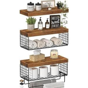 KLUVIS Bathroom Floating Shelves Over Toilet - Shelf Above Toilet Storage Small Farmhouse Decor Shelves (15.7 inch, Set of 3, Rustic Brown)
