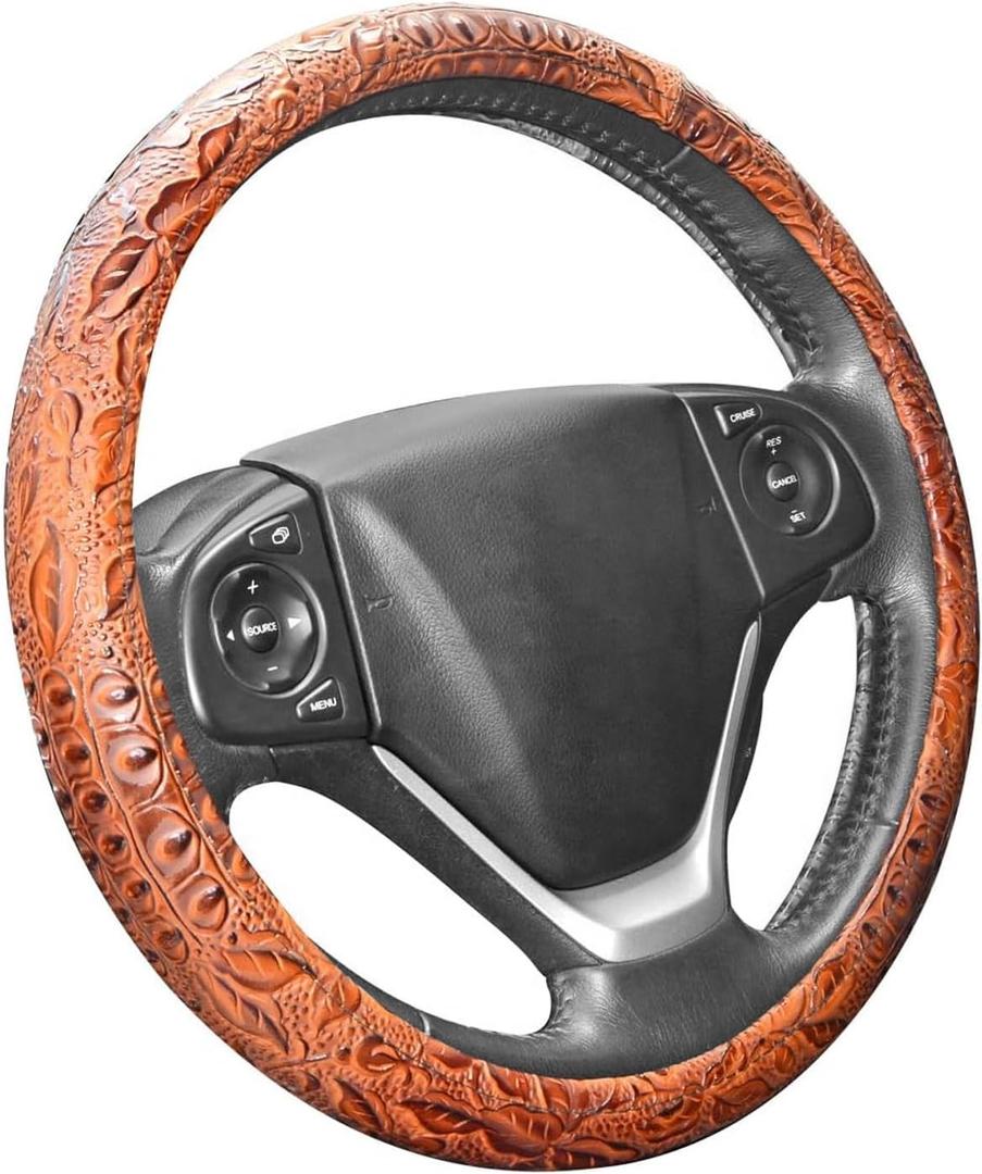 ZYHW Car Steering Wheel Cover Universal 15 inch Auto Antislip Leather Protector Flower Grain Brown
