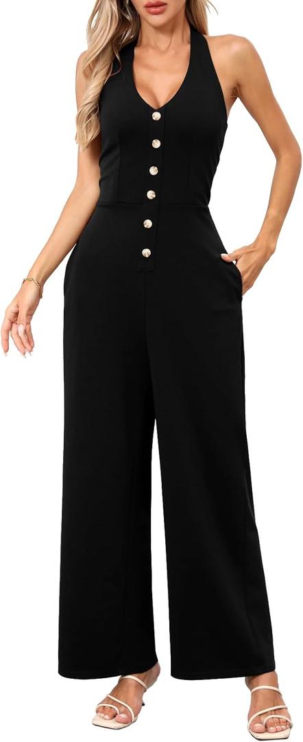 CHERFLY Jumpsuits for Women 2025 Summer Loose Overalls Sleeveless V-Neck Halter Wide Leg Pants with Pockets One Piece Outfits (Small, Jet Black)