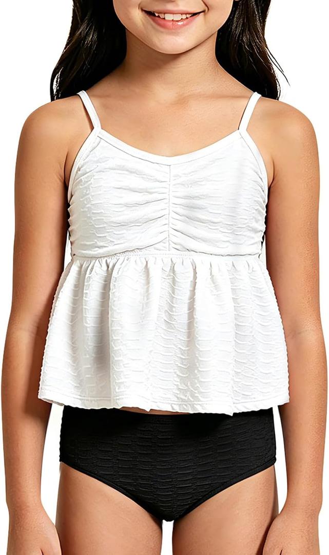 Girls Tankini Swimsuit 2-Piece Tankini Set Adjustable Straps and High Waisted Bathing Suit for Girl 5-12 Year Old