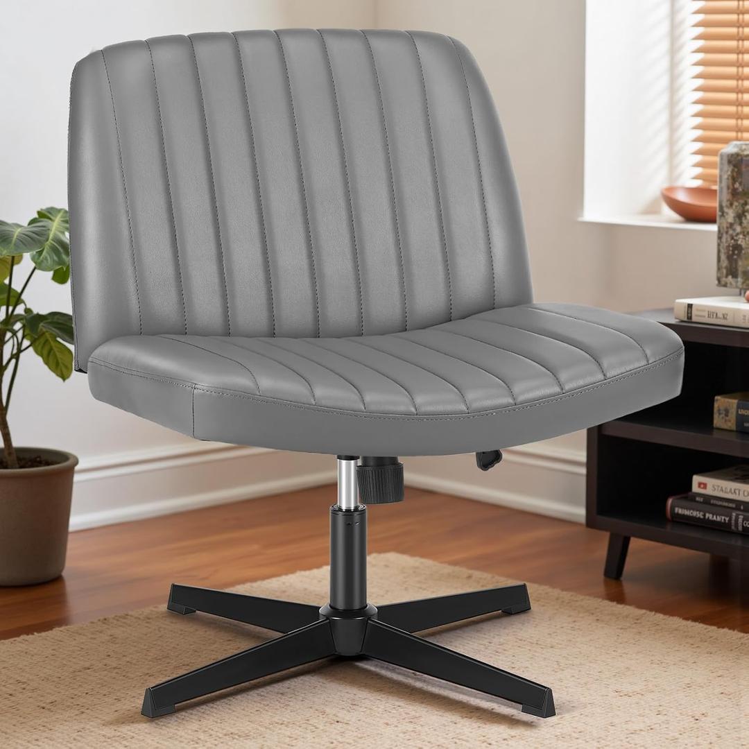 DUMOS Criss Cross Chair Wide Cross Legged Office Desk Vanity Chair PU Leather Armless Adjustable Swivel Chairs for Home Computer Task (Slate Gray)