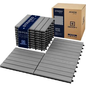 9Pcs Acacia Wood Interlocking Patio Deck Tiles, 12 x 12 x 0.9 Inch Outdoor Flooring, Waterproof for All-Weather Use – Striped, Gray
