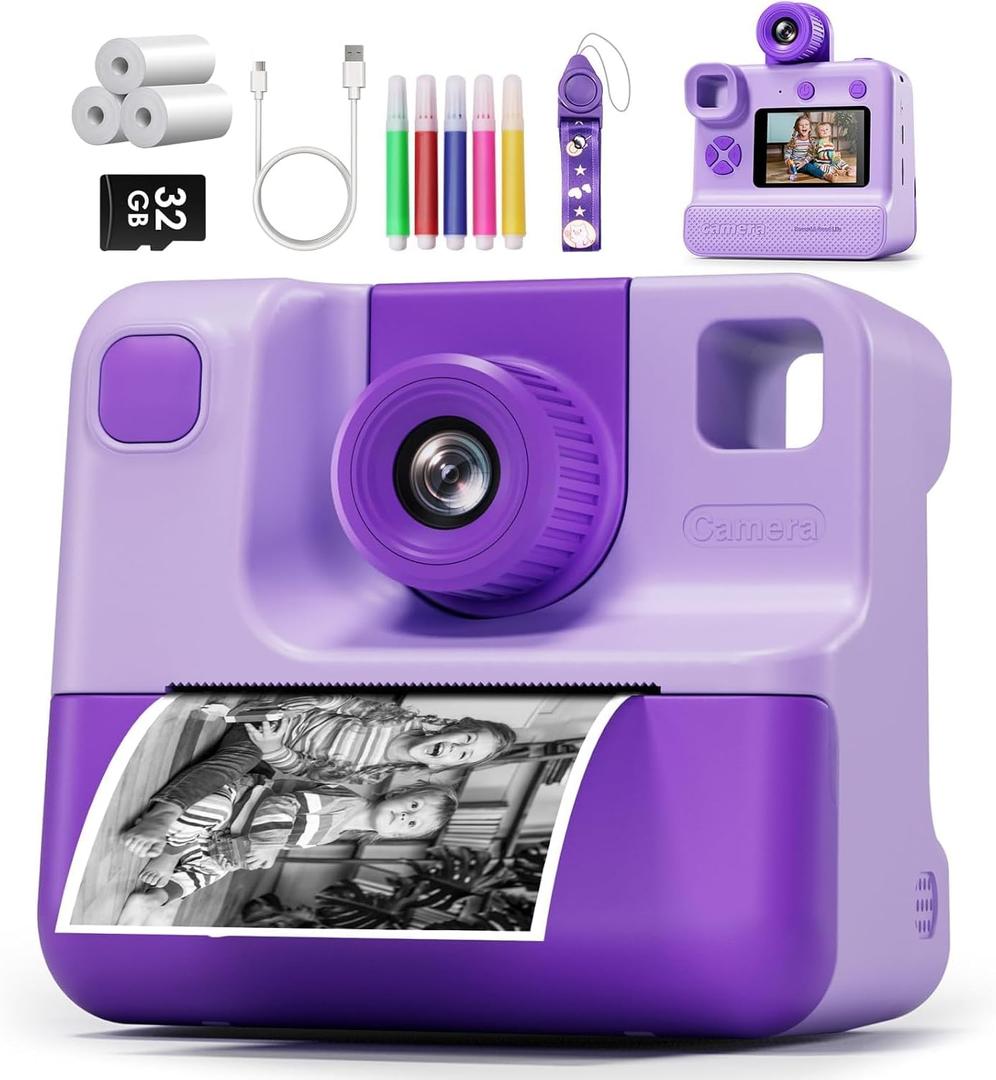 Kids Camera Instant Print, Christams Birthday Gifts for Girls Boys 5 6 7 8 9 10 Year Old, FHD Kids Toddler Digital Video Cameras,Selfie Cameras with 3 Rolls BPA-Free BPS-Free Print Paper & 32G Card (Dark Purple)