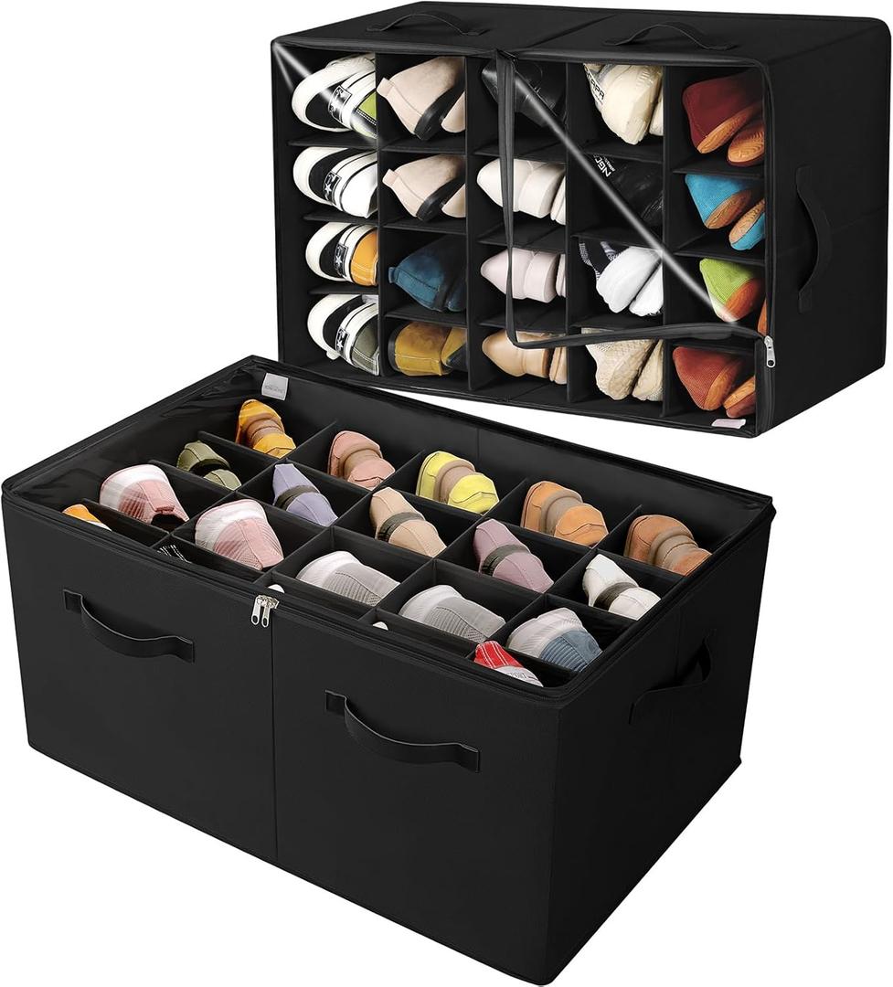 Shoe Organizer for Closet 2 Pack, Foldable Shoe Box with Adjustable Divider and Clear Cover, Space Saving Shoe Storage Organizer Cabinet with Reinforced Handles, Fits 40 Pair, Black, TP11B (Extra Large(26.5''L x 16.54''W x 13'H))