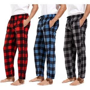 DG Hill 1Pack or 3Pack Mens PJ Pajama Pants Bottoms Fleece Lounge Pants Sleepwear Plaid PJs with Pockets Microfleece (X-Large, 3pack-blue/Gray/Red)