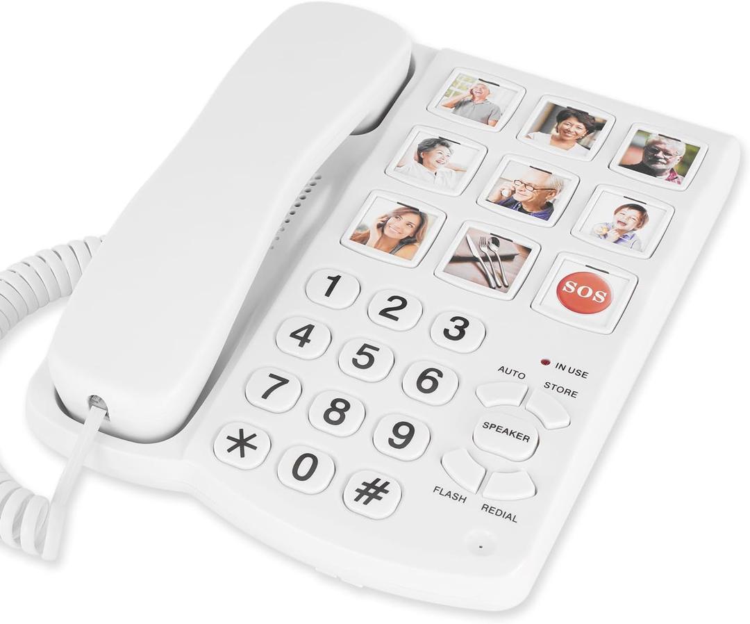 Lativu Landline Phones for Seniors-Basic Big Button Phone for Seniors-White Corded Telephone Landline Phones with 9 One-Touch Dialing, Loud Ringer & Speaker for Visually and Hearing Impaired