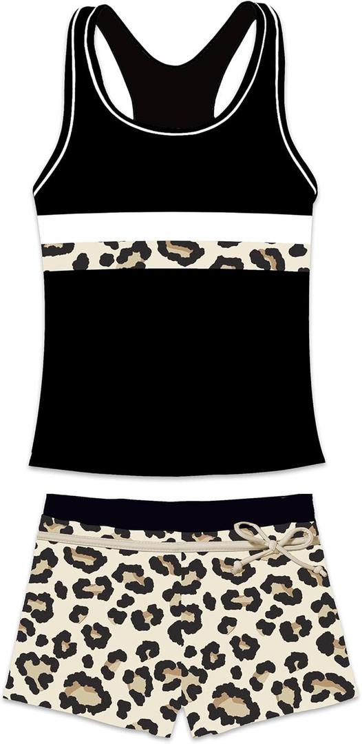 Little Girls' Summer Swimwear Two Piece Boyshort Tankini Kids Swimsuit (5-6 Years, Leopard)