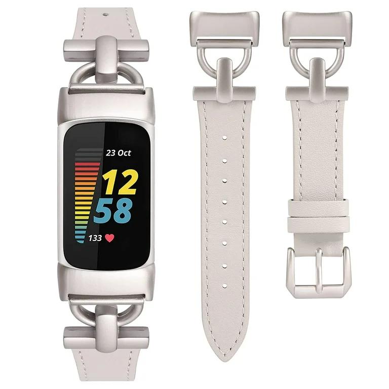 Wearlizer Leather Band Compatible with Fitbit Charge 6 Bands/Charge 5 Bands for Women, Dressy Slim Leather Strap Replacement Wristband with D-Shape Metal Buckle for Fitbit Charge 5/Charge 6 Band