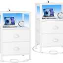 Furologee Nightstands Set of 2, End Tables Set of 2 with Charging Station and LED Lights, White Night Stands with 2 Fabric Drawers, Bedside Tables for Living Room/Bedroom