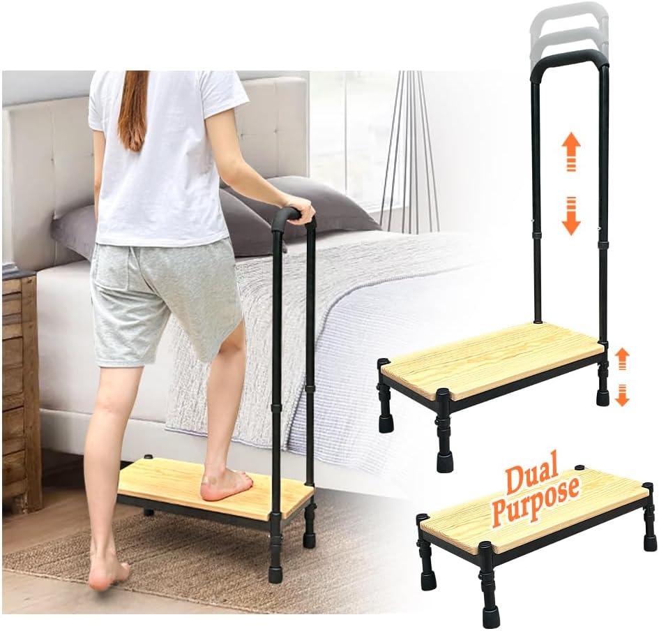 Bed Stools for High Beds for Seniors Medical Step with Handle Bed Side Safety Stepping Stool Adult Elderly Heavy Duty 400lbs Handicap Stairs Platform Car SUV Bathtub Adjustable Assist Bar (Black-21.61 Inch)